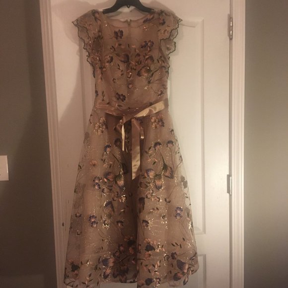 Teri Jon Midi Tulle Dress (Gold) - Picture 1 of 5